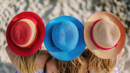 Three young girls standing on a sandy beach, straw hats colored like the Greek flagの素材