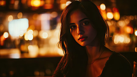 Portrait of a brunette woman in a dimly lit bar at night, with moody lighting highlighting her thoughtful expressionの素材