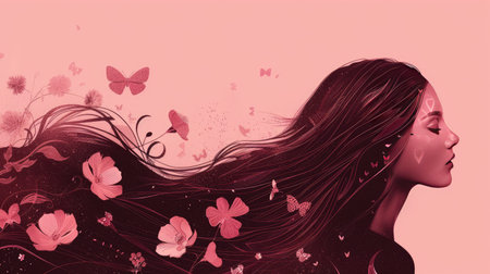 Artistic depiction of a woman with long, flowing hair in dark pink, no eyes, facing sideways, with flowers and butterflies, against a light pink background.の素材