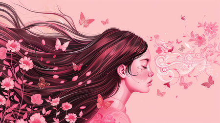 Artistic depiction of a woman with long, flowing hair in dark pink, no eyes, facing sideways, with flowers and butterflies, against a light pink background.の素材