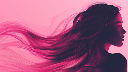 Elegant side profile of a faceless woman with flowing long hair in dark pink, set against a light pink abstract background.の素材
