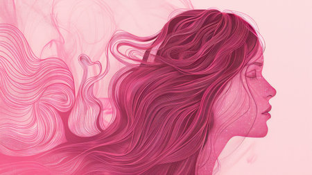 Artistic depiction of a faceless woman with long, wavy hair in dark pink, facing sideways, on a soft light pink abstract backdrop.の素材