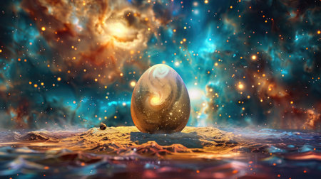 3D illustration of an egg-shaped globe floating in an abstract space background, filled with stars and nebulae.の素材