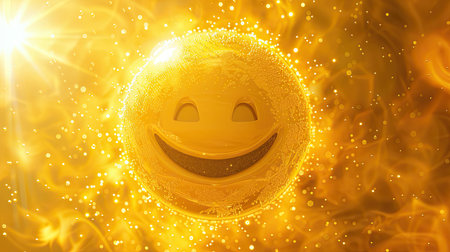 A big yellow smiley icon set against a lively yellow abstract 3D background, radiating positivity and happiness.の素材