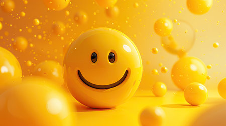 A big yellow smiley icon set against a lively yellow abstract 3D background, radiating positivity and happiness.の素材