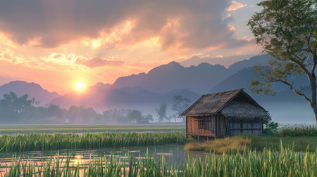 A serene scene of a wooden house in a rice field, with mountains and a setting sun creating a beautiful 3D landscape. No people.の素材