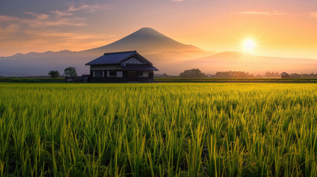 A house in the middle of a rice field with Mount Fuji strikingly in the background. The setting sun casts beautiful three-dimensional light on the grass. No people.の素材