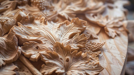 Beautifully carved leaves with detailed, exquisite patterns, capturing the intricate craftsmanship and natural elegance.の素材