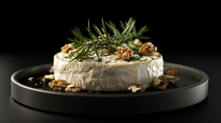 Camembert cheese adorned with walnuts and rosemary on a black display, featuring an abstract 3D black background.の素材