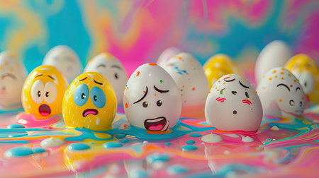 Eggs decorated with cute expressions, arranged on a colorful abstract background that enhances their playful and endearing appearance.の素材