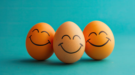 Eggs with hand-drawn smiles, symbolizing a better life, placed on a vibrant background that enhances the cheerful theme.の素材