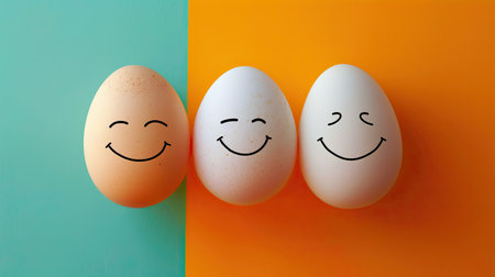 Eggs with hand-drawn smiles, symbolizing a better life, placed on a vibrant background that enhances the cheerful theme.の素材
