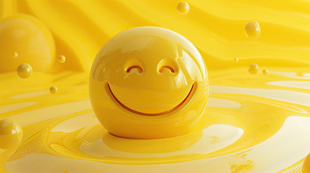 Large smiley icon in yellow, placed on a vivid yellow abstract 3D background, creating a visually engaging and happy scene.の素材