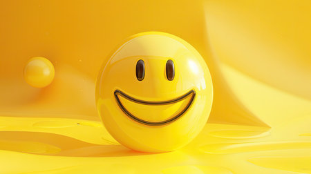 Large smiley icon in yellow, placed on a vivid yellow abstract 3D background, creating a visually engaging and happy scene.の素材