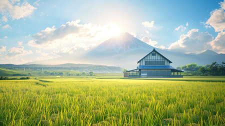 Scenic view of a house in a rice field, with the prominent Mount Fuji behind and the sun shining on the grass in stunning 3D colors. No people.の素材