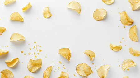Salty potato chips scattered on a white background, emphasizing their status as a high-calorie fast food and beloved snack.の素材