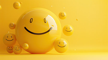 One big yellow circular smiley icon with several small yellow smiley icons stacked in a corner, creating a cheerful 3D abstract scene on a yellow background.の素材