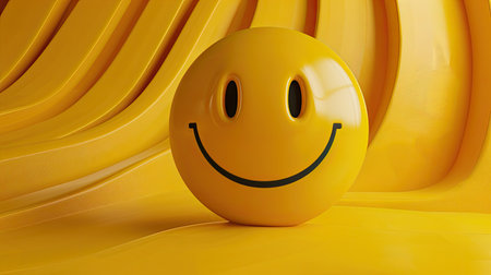 Large smiley icon in yellow, placed on a vivid yellow abstract 3D background, creating a visually engaging and happy scene.の素材