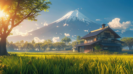 Scenic view of a house in a rice field, with the prominent Mount Fuji behind and the sun shining on the grass in stunning 3D colors. No people.の素材