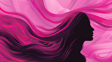 Vector illustration of a faceless woman with long hair in silhouette, set against a dynamic pink 3D background.の素材
