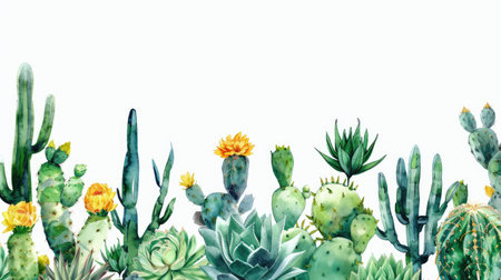 Artistic collection of watercolor cacti and succulents on a clean white background, with accompanying text.の素材