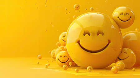 One big yellow circular smiley icon with several small yellow smiley icons stacked in a corner, creating a cheerful 3D abstract scene on a yellow background.の素材