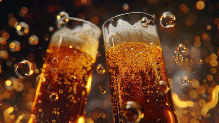 Two glasses of beer clashing with captivating bubble effects, set against a striking 3D backgroundの素材
