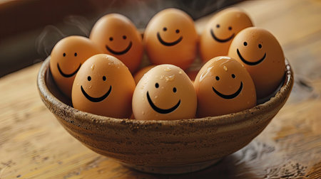 Happy, smiling eggs arranged in a bowl, conveying the message of a better life filled with joy and positivity. Perfect for breakfast themesの素材
