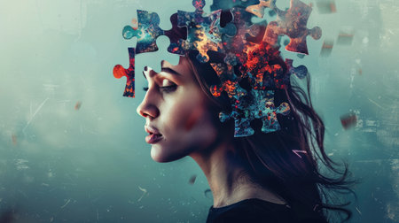 Conceptual image of a woman with a fragmented mind, represented by jigsaw puzzle pieces emerging from her head, creating a thought-provoking visual.の素材