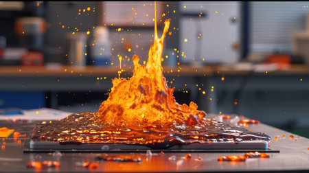 Dynamic 3D visualization of a lava eruption experiment on a table in a science classroom, capturing the intensity and interest of the moment.の素材