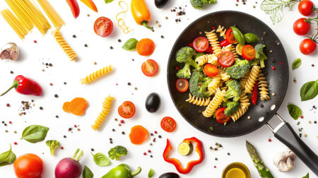 Delicious pasta and colorful vegetables floating above a hot black pan, creating an appetizing scene with a white background cutout.の素材