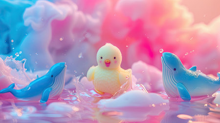 Playful scene of a smiling chick figurine with whale figurines, set against a vibrant pink and blue backgroundの素材