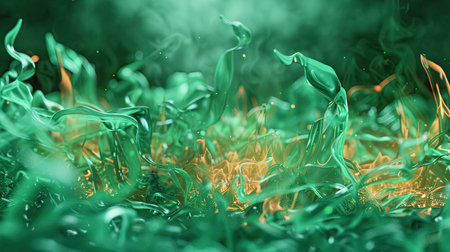 Burning green rubber in a detailed 3D illustration, capturing the intensity and movement of the flames.の素材