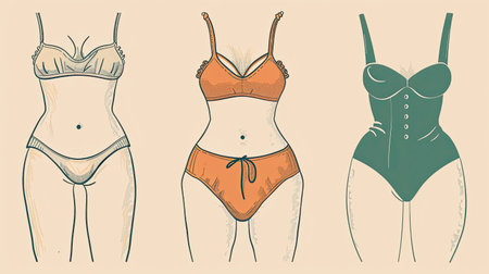 Retro logo collection of elegant underwear, bras, and panties, featuring hand-drawn vector designs isolated into 3 distinct sets.の素材