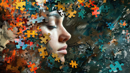 Artistic depiction of a woman's fragmented mind, with jigsaw puzzle pieces symbolizing complexity and depth.の素材