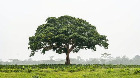 One enormous rainforest tree offering shade, depicted on an abstract white background, emphasizing its size and natural beauty.の素材
