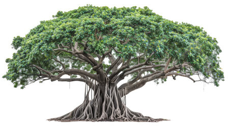 Imposing Chamchuri tree with a robust trunk and intricate, beautifully branched leaves, highlighted on a white backgroundの素材