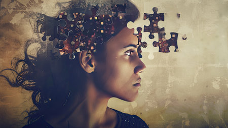 Intriguing image of a woman with a fragmented mind, illustrated by puzzle pieces emerging from her head, symbolizing complexity.の素材