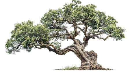 Imposing Chamchuri tree with a robust trunk and intricate, beautifully branched leaves, highlighted on a white backgroundの素材