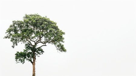 Towering rainforest tree providing cool shade, set against a minimalist white background, showcasing the tree's impressive stature.の素材