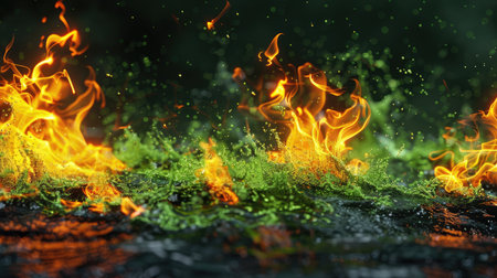 Engaging 3D depiction of green rubber burning, highlighting the vibrant flames and realistic textures.の素材