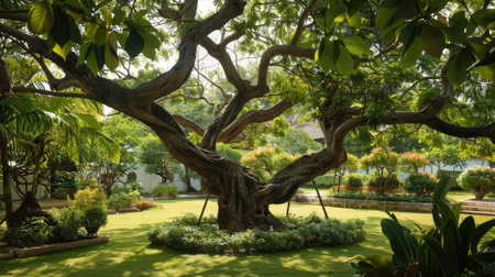 Large Chamchuri tree with a prominent trunk and elegant branches, adorned with lush foliage, creating a picturesque scene.の素材