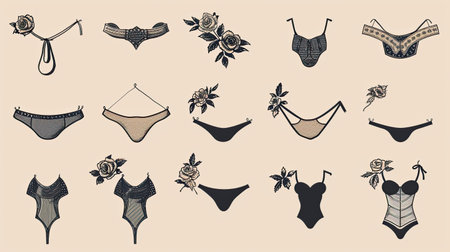 Elegant vintage retro logo collection featuring hand-drawn vector designs of underwear, bras, and panties, isolated into 3 distinct sets.の素材