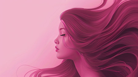 Artistic depiction of a faceless woman with long, wavy hair in dark pink, facing sideways, on a soft light pink abstract backdrop.の素材