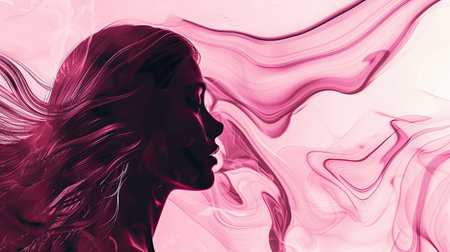 Elegant side profile of a faceless woman with flowing long hair in dark pink, set against a light pink abstract background.の素材
