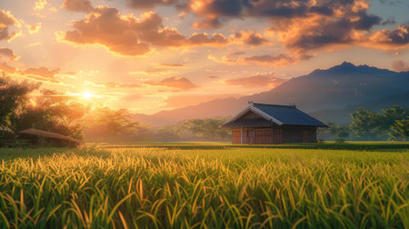 A serene house in a rice field, backed by a striking mountain and a sunset that bathes the grass in beautiful 3D light. No people.の素材