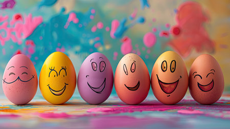 Charming eggs with hand-drawn faces, set on an abstract colorful background, creating a delightful and whimsical scene.の素材