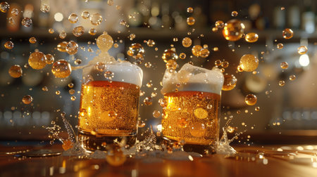 Dynamic clash of two beer glasses filled with beer, creating intriguing bubbles on a 3D background.の素材