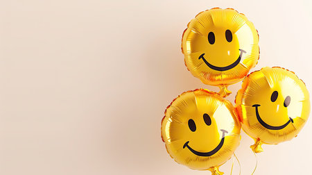 Three vibrant yellow smiley face balloons in the corner against a white background, in an abstract 3D style, radiating positivity and happiness.の素材