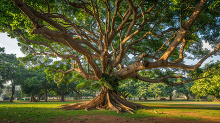 Stately Chamchuri tree with a robust trunk and wide-reaching branches and leaves, epitomizing natural beauty and strength.の素材